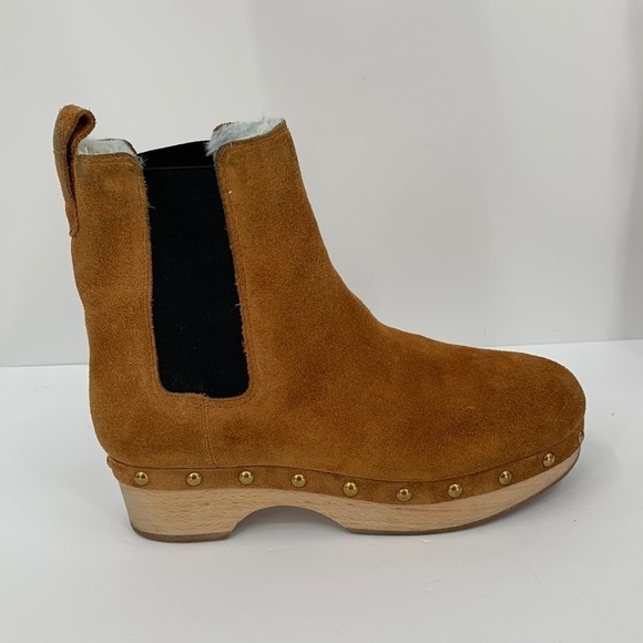 J Crew Suede Chelsea clog faux fur lined boot shoe slip-on brown wood women 7.5 - Picture 1 of 7